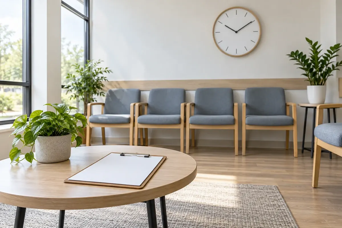 Empty clinic waiting room with chairs, a wall clock and a blank clipboard on a table