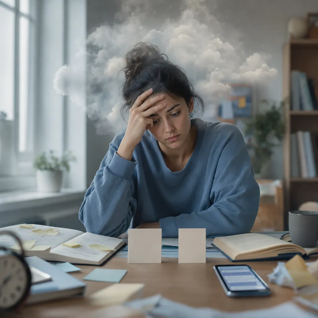 Stressed woman at a desk with notes, books, and a phone, looking overwhelmed