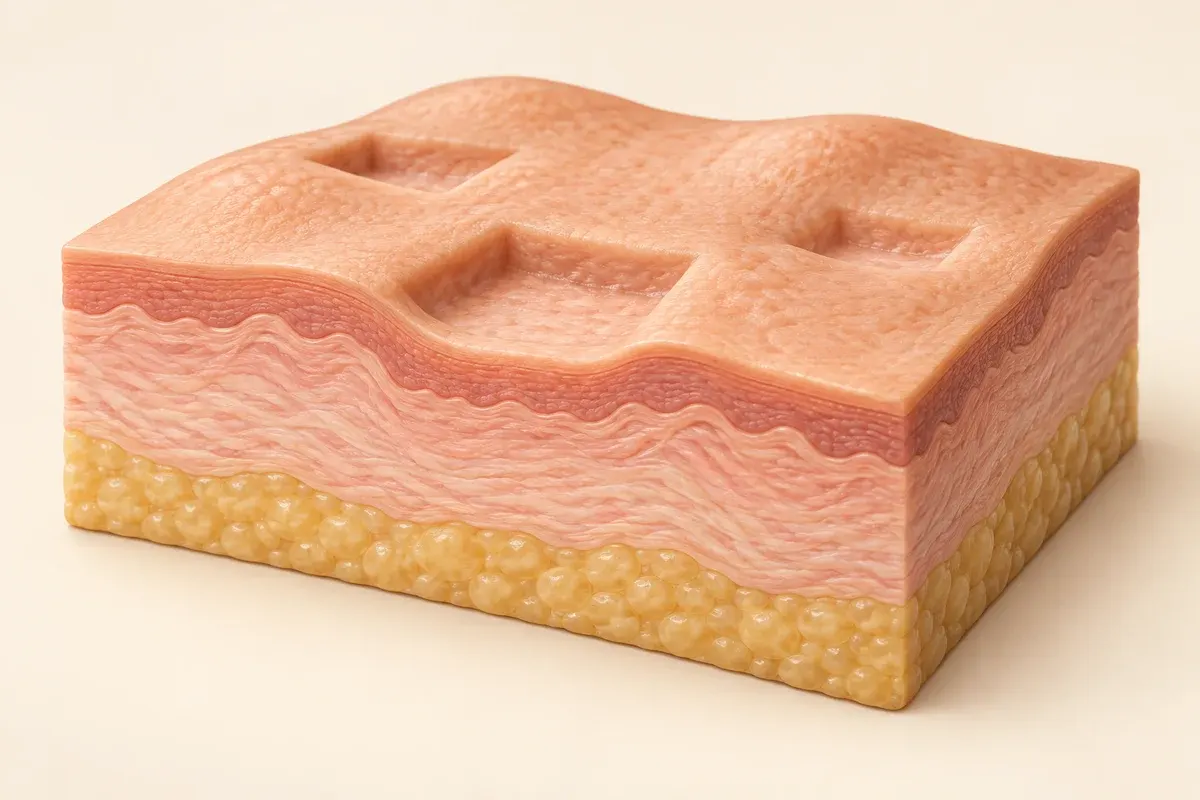 AI-generated conceptual skin cross-section with shallow, defined-edge depressions representing boxcar scars.