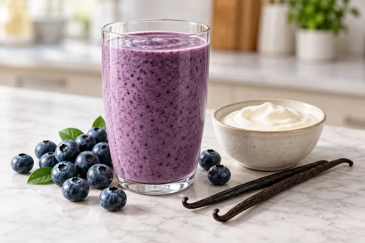 A glass of purple blueberry smoothie beside blueberries, plain yogurt and vanilla pods.