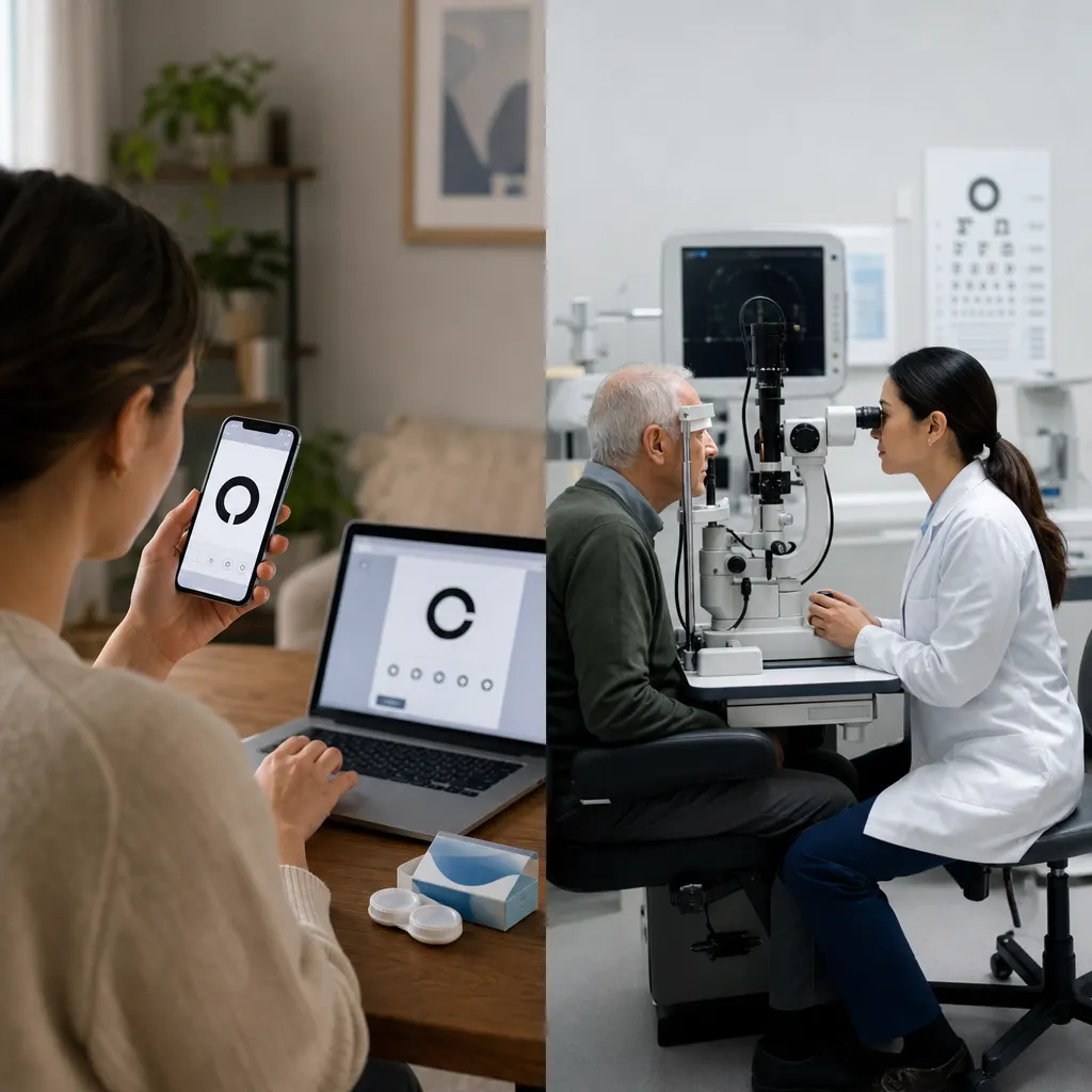 Telehealth eye exam with vision test on a phone and laptop, and a patient being examined at an eye clinic