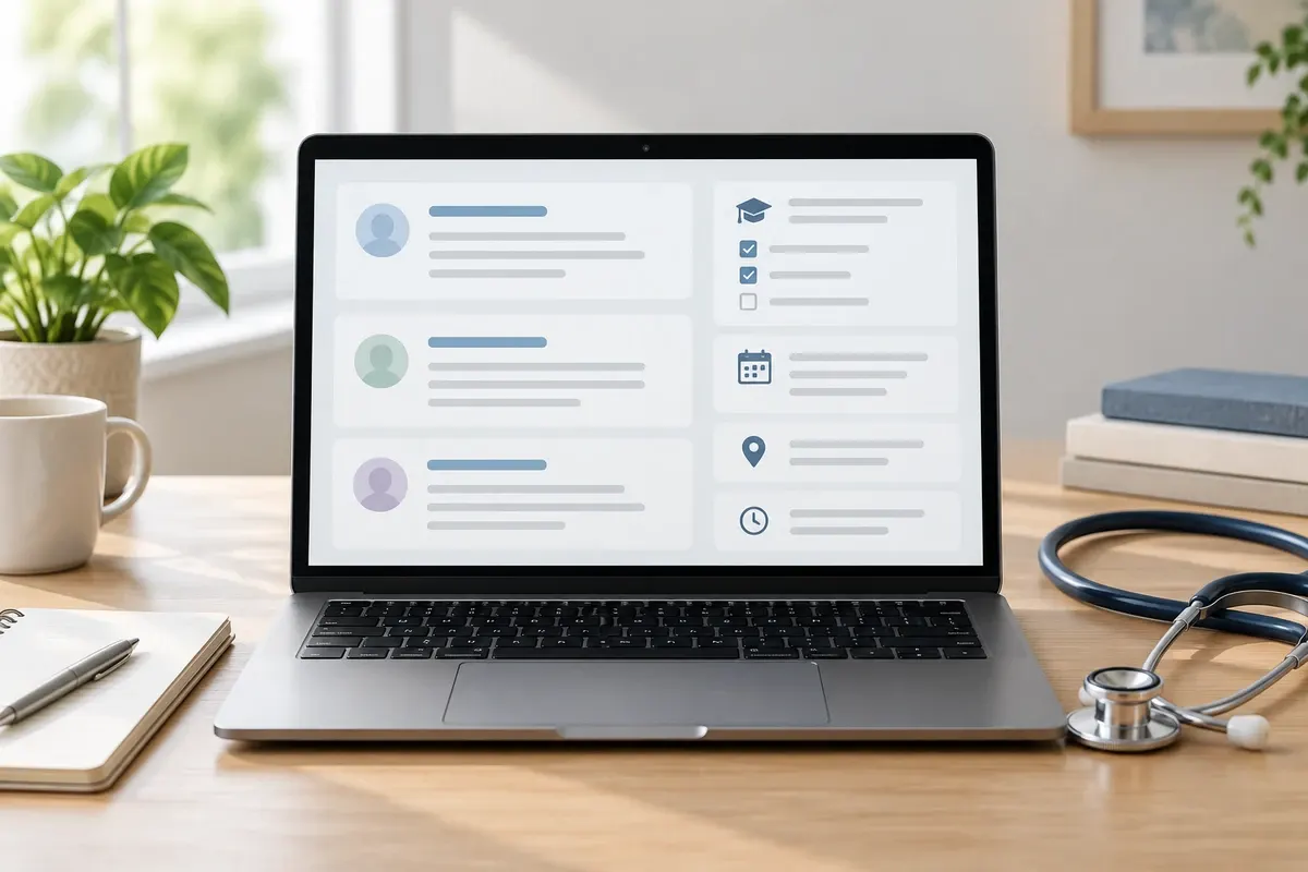 Laptop displaying abstract review and checklist cards on a desk beside a stethoscope
