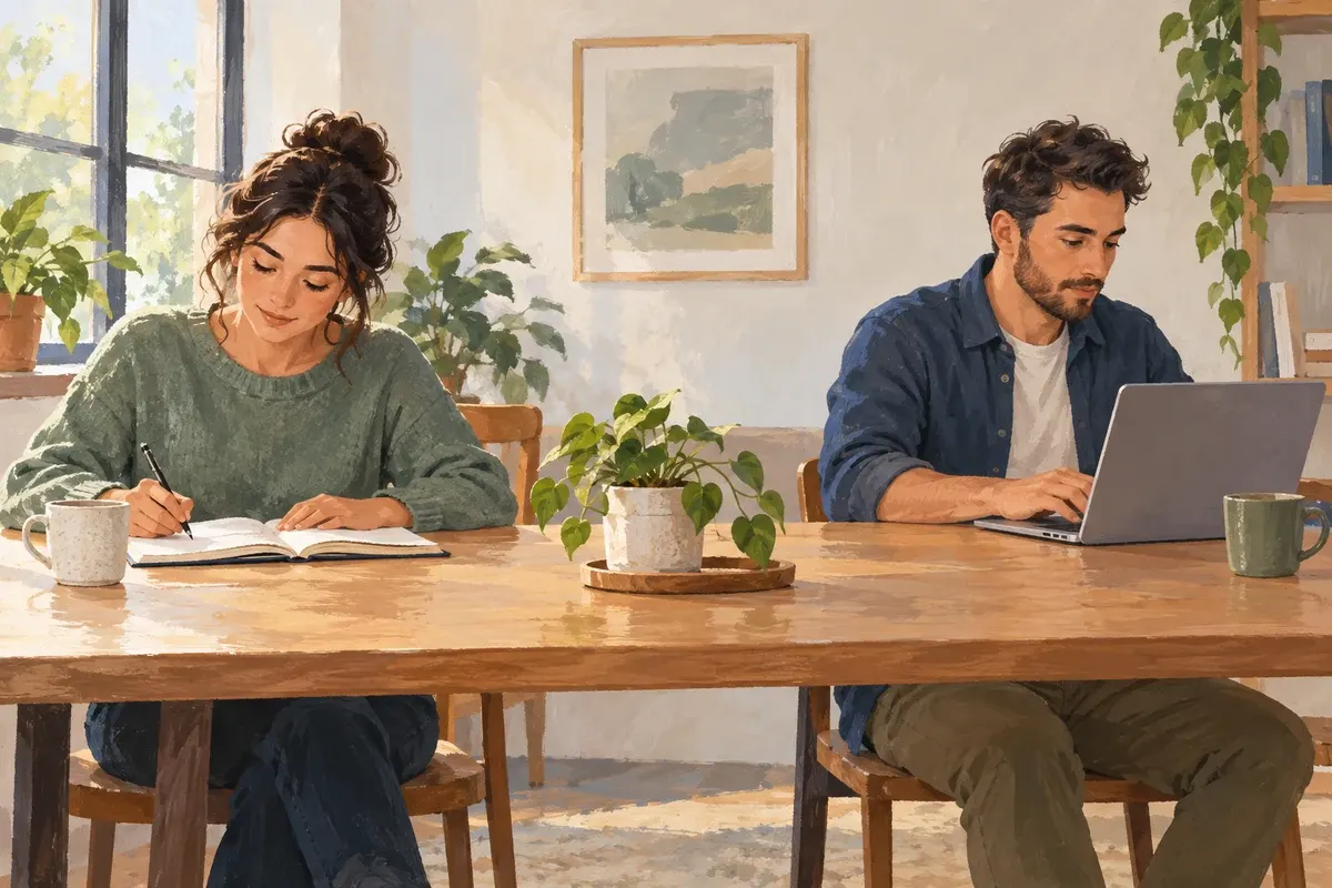Illustration of a shared workspace with a laptop and notebook.