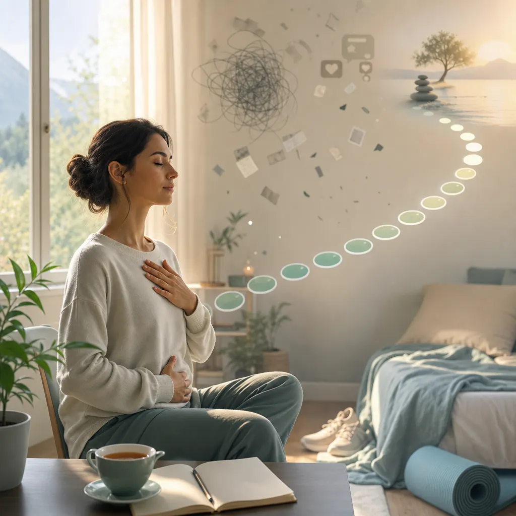 A woman practices deep breathing in a calm bedroom, suggesting relaxation and mindfulness