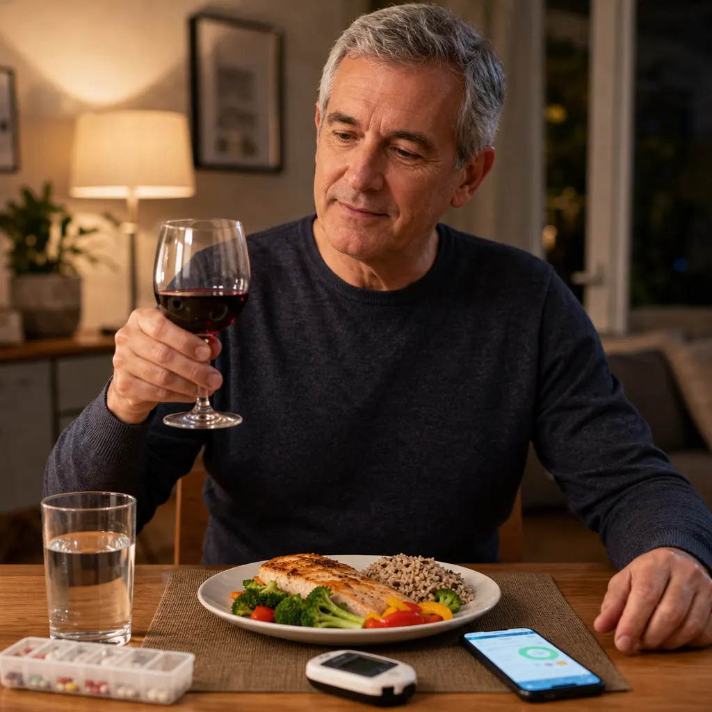 Middle-aged man holding a glass of red wine at a dinner table with fish, vegetables, water, a glucose meter, and a phone