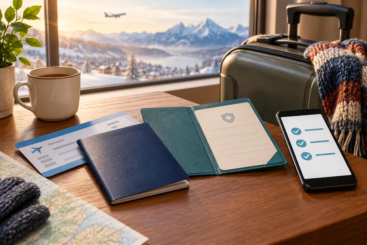 Illustration of travel documents and a checklist beside a suitcase.