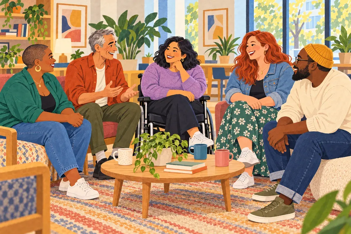 Illustration of five adults of varied ages, body sizes and skin tones, including a wheelchair user, talking in a community room.