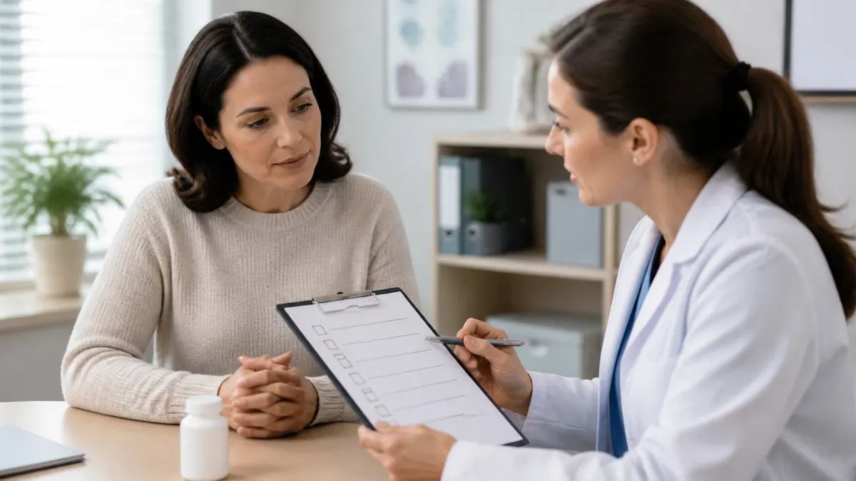 Patient reviewing medication side effects with a clinician