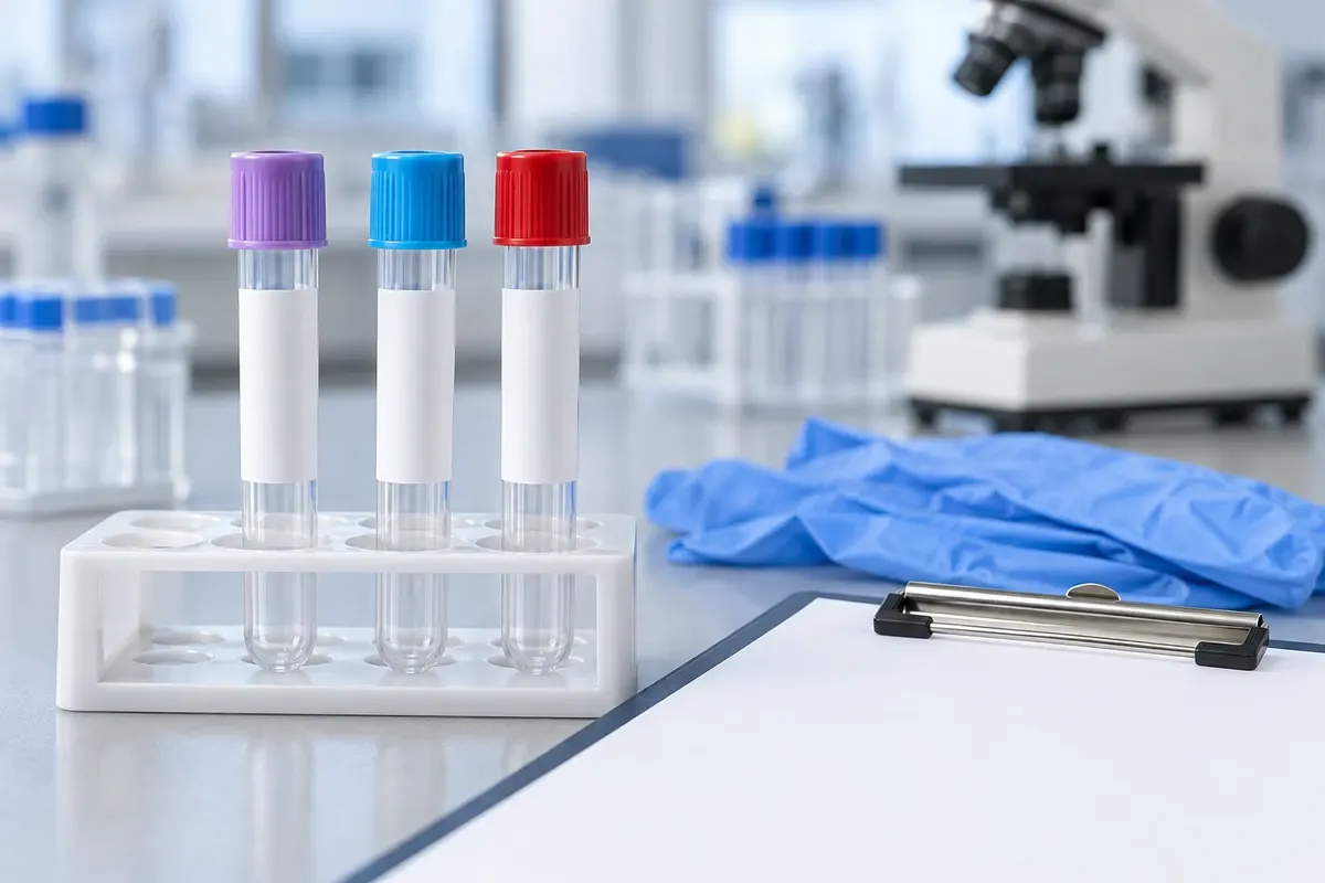 Empty capped sample tubes in a rack beside a blank clipboard, blue gloves, and a microscope.