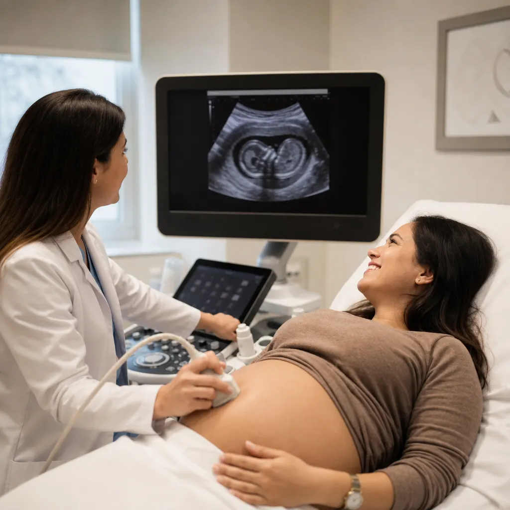 Doctor performing an ultrasound on a pregnant patient while a fetal scan is shown on the monitor