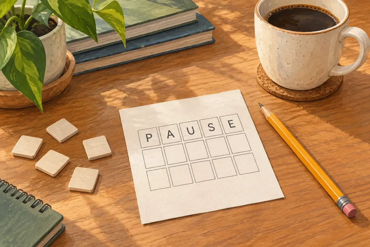 Illustration of a paper word puzzle spelling PAUSE beside a pencil, blank tiles, and a cup on a wooden desk.
