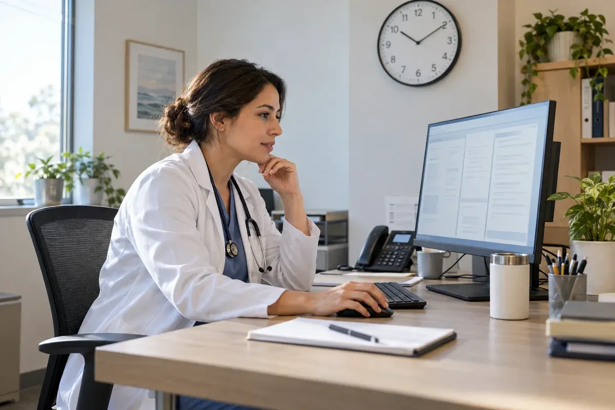 Clinician seated at a desk reviewing abstract document panes on a monitor, with a wall clock above.