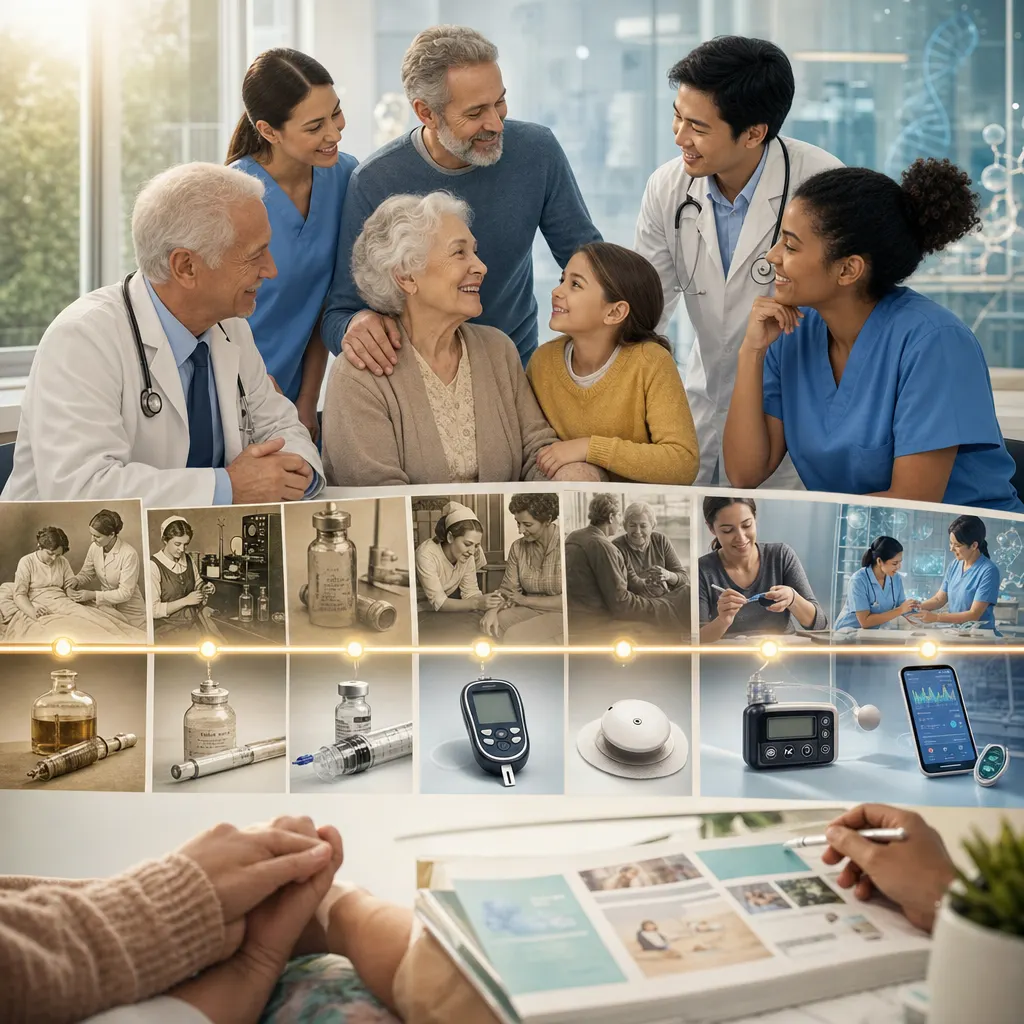 Doctors and family supporting an older woman, with a timeline of diabetes care and monitoring devices below