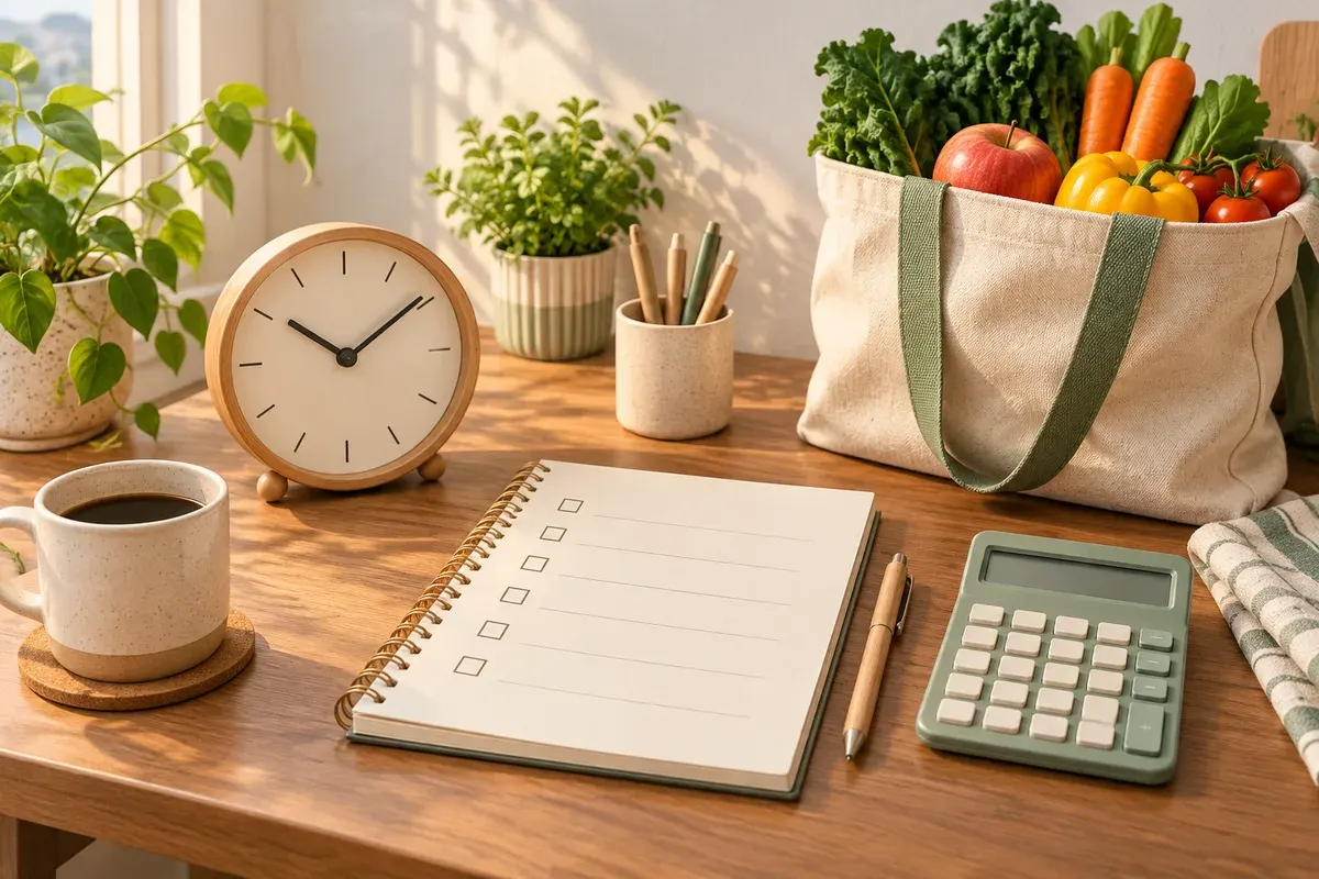 Illustration of a clock, checklist and calculator on a desk.