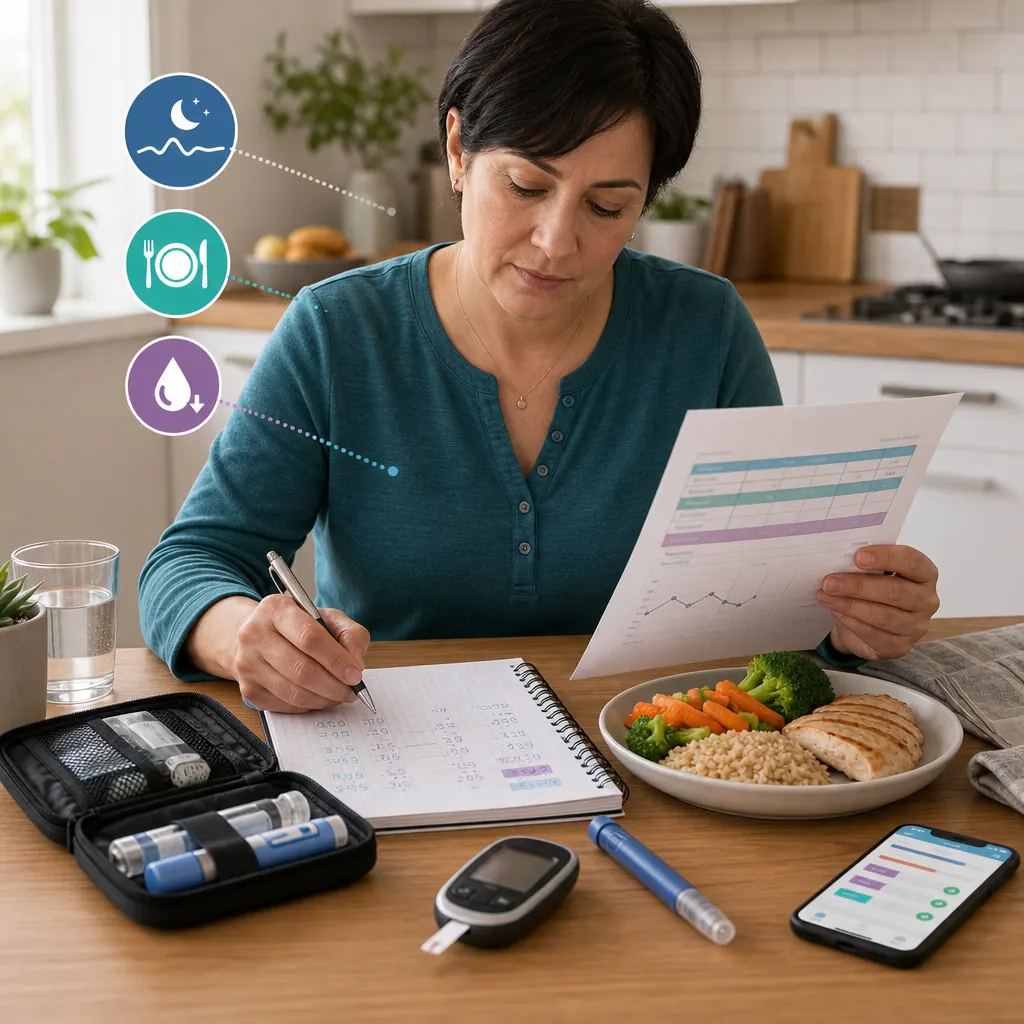 Woman tracking diabetes management, reviewing logs and meal plan at the table