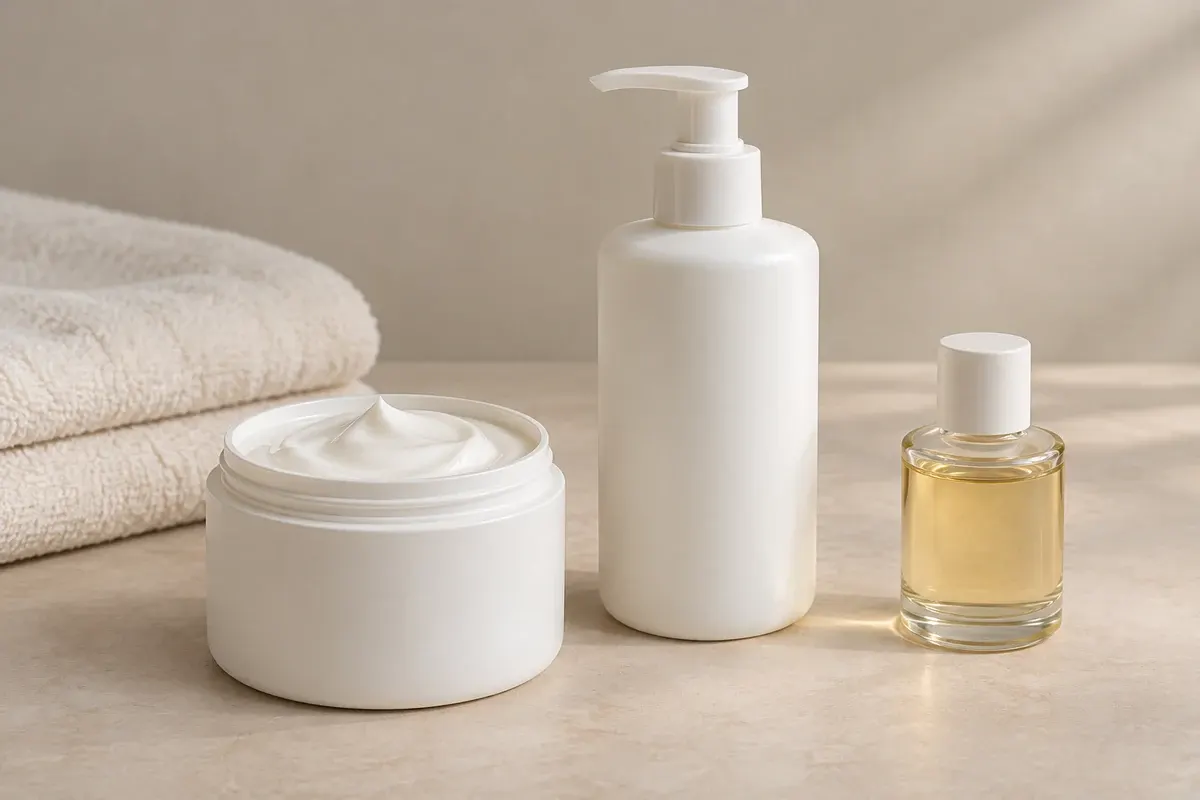 An open white cream jar, a white pump lotion bottle and a small clear bottle of golden body oil on a neutral tabletop beside a folded towel.