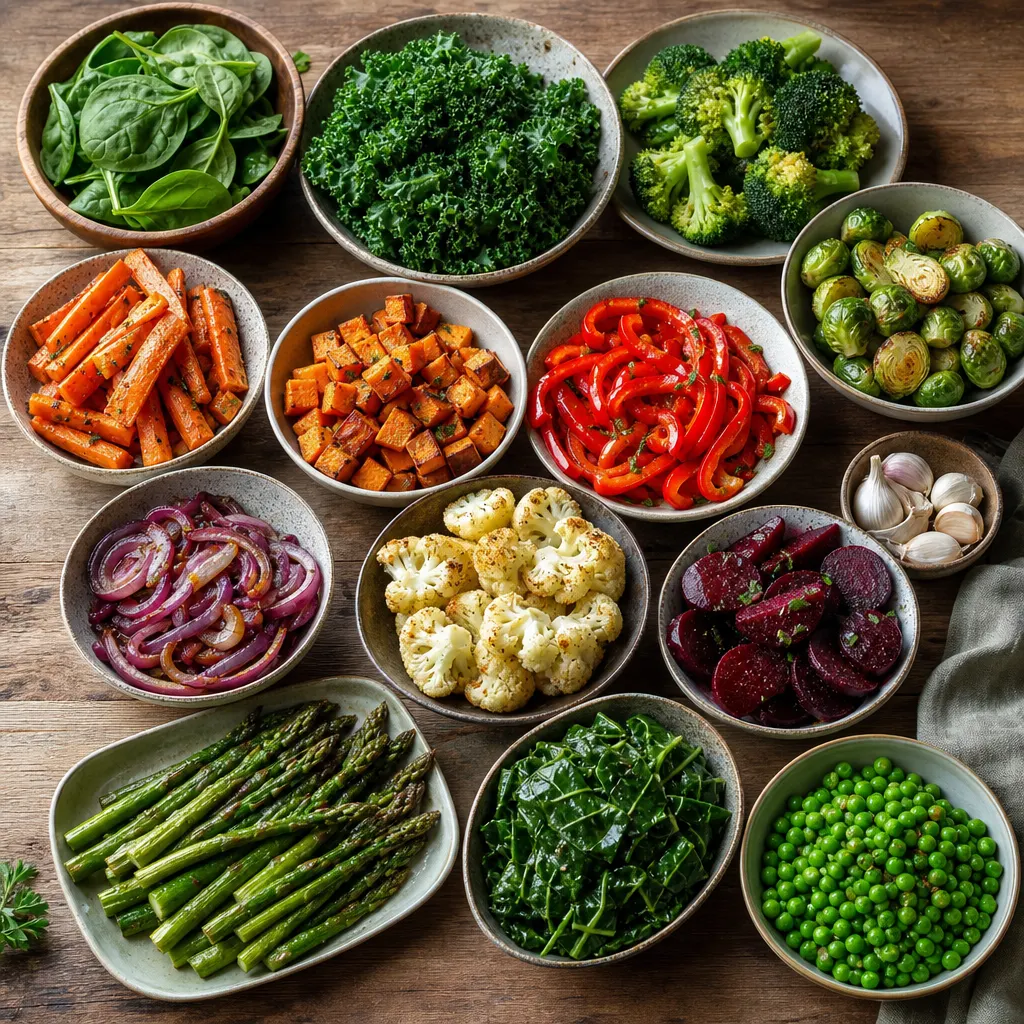 Assorted bowls of roasted and fresh vegetables on a wooden table
