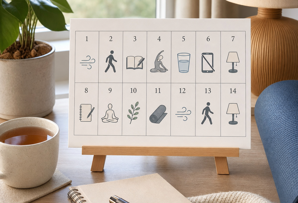 A numbered board with 14 wellness icons on a desk beside a notebook, pen, tea, and houseplants