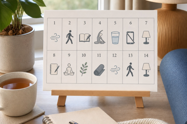 A numbered board with 14 wellness icons on a desk beside a notebook, pen, tea, and houseplants