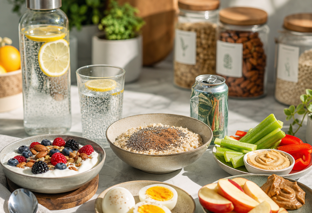 A spread of healthy breakfast foods, including fruit, yogurt, eggs, oats, vegetables, and drinks on a sunlit table