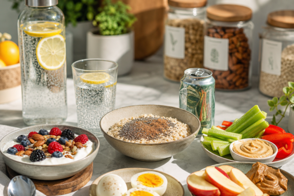 A spread of healthy breakfast foods, including fruit, yogurt, eggs, oats, vegetables, and drinks on a sunlit table