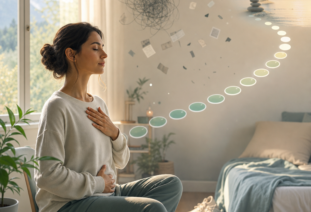A woman practices deep breathing in a calm bedroom, suggesting relaxation and mindfulness