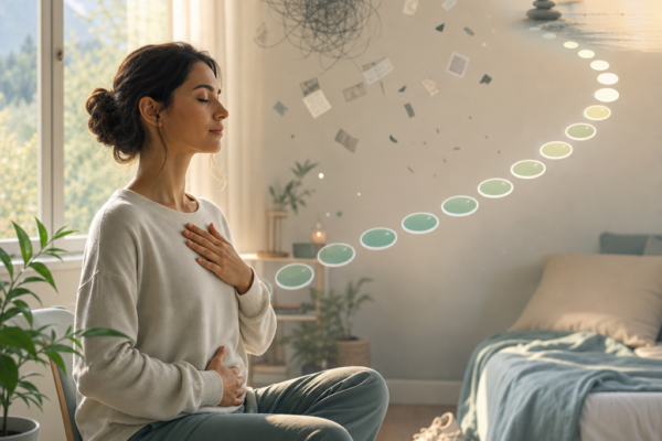A woman practices deep breathing in a calm bedroom, suggesting relaxation and mindfulness