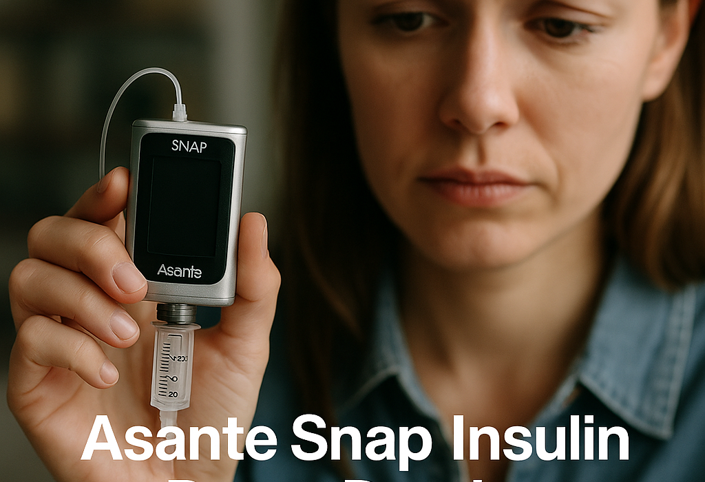 Asante Snap insulin pump on a wooden table with diabetes supplies