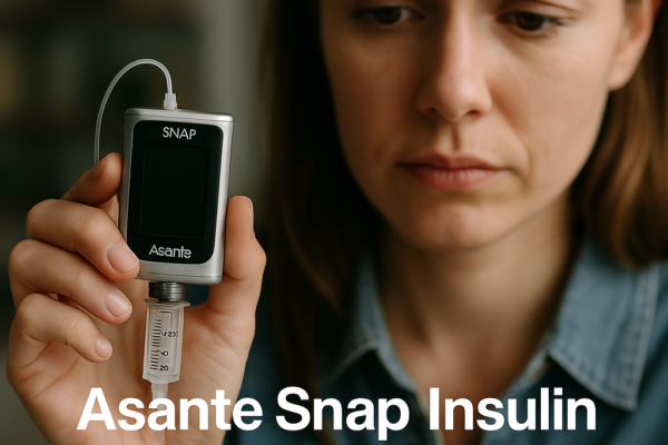 Asante Snap insulin pump on a wooden table with diabetes supplies