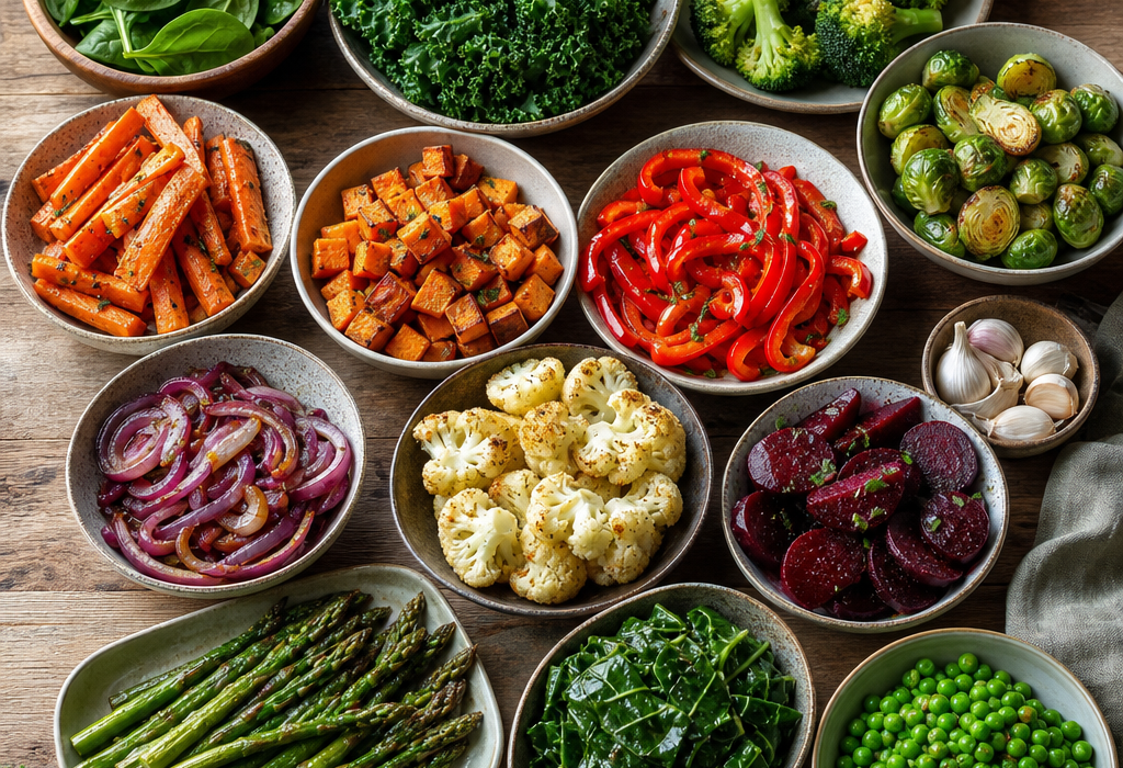 Assorted bowls of roasted and fresh vegetables on a wooden table