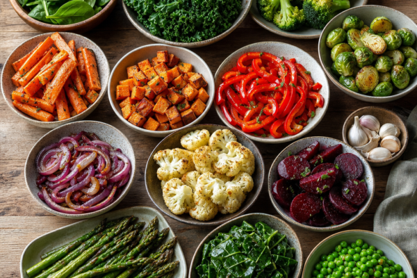 Assorted bowls of roasted and fresh vegetables on a wooden table