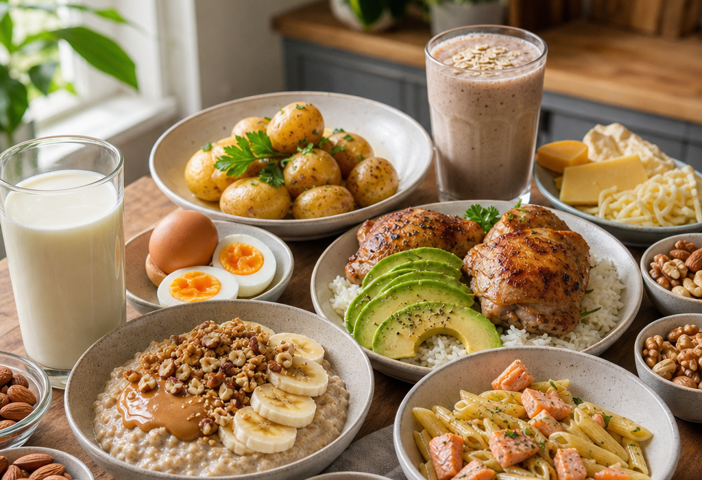 Assorted breakfast and lunch dishes on a table, including chicken, pasta, oatmeal, potatoes, eggs, milk, and smoothies