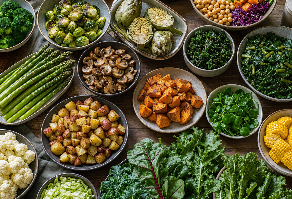 Assorted fresh vegetables arranged in bowls on a wooden table