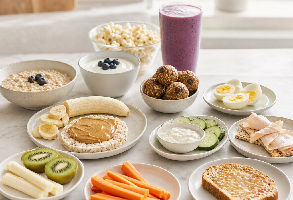 Assorted healthy breakfast foods on plates, including fruit, yogurt, eggs, toast, vegetables, and a purple smoothie