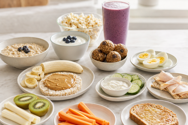 Assorted healthy breakfast foods on plates, including fruit, yogurt, eggs, toast, vegetables, and a purple smoothie