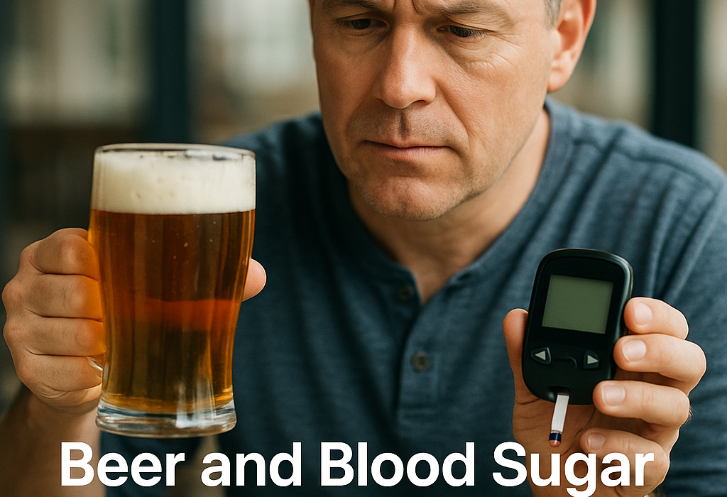A glass of beer with a blood sugar meter showing diabetes management