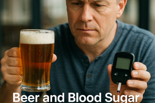 A glass of beer with a blood sugar meter showing diabetes management