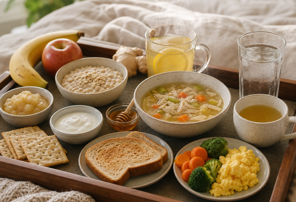 Breakfast tray on a bed with fruit, soup, toast, yogurt, tea, and water