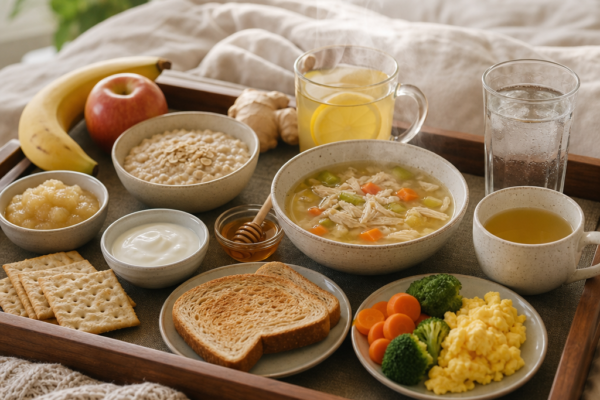 Breakfast tray on a bed with fruit, soup, toast, yogurt, tea, and water