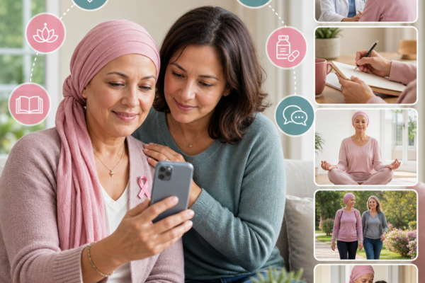 Breast cancer support and care image with doctor visits, journaling, meditation, walking, and reading with a child