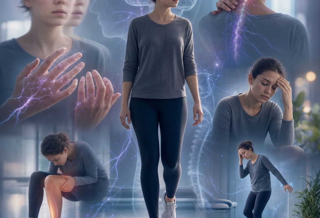 Collage of a woman with pain, fatigue, and nerve symptoms, suggesting neurological or physical therapy care