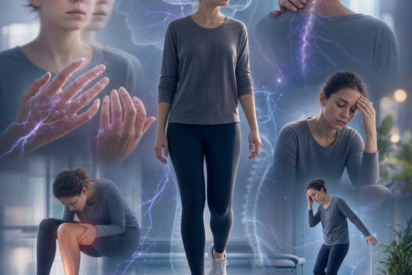 Collage of a woman with pain, fatigue, and nerve symptoms, suggesting neurological or physical therapy care
