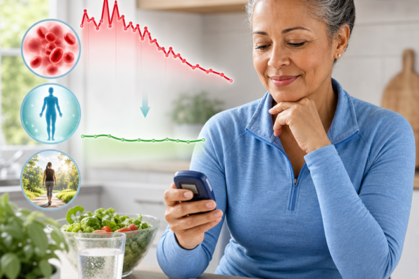 Create a clean editorial medical illustration about diabetes remission and blood sugar improvement: a person in a bright kitchen or clinic setting looking hopeful while checking a glucose meter and A1C chart, with subtle visual metaphors showing blood sugar numbers dropping from high to normal, a fading red glucose waveform transforming into a calm green line, and an insulin vial or medication bottle placed nearby to suggest ongoing monitoring rather than a cure. Emphasize a nuanced, realistic tone that conveys improvement, vigilance, and long-term care. Use soft natural light, modern healthcare color palette with blues, whites, and gentle greens, high detail, professional magazine style, no text, no labels, no logos.