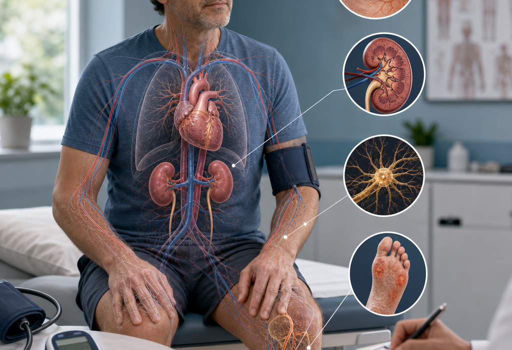 Create a realistic editorial medical illustration showing diabetes as a whole-body condition: a thoughtful adult patient in a clean clinical setting, with a semi-transparent anatomical overlay revealing interconnected blood vessels, heart, kidneys, eyes, nerves, and feet highlighted to suggest long-term complications from high blood sugar. Include subtle visual cues of monitoring and prevention, such as a glucose meter, blood pressure cuff, and routine checkup elements, but keep the image calm and informative rather than alarming. Use soft natural lighting, cool medical blues and warm skin tones, high detail, shallow depth of field, and a polished magazine-style composition that emphasizes education, early detection, and long-term management. No text, captions, logos, or branding.