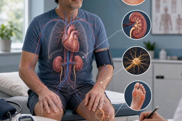 Create a realistic editorial medical illustration showing diabetes as a whole-body condition: a thoughtful adult patient in a clean clinical setting, with a semi-transparent anatomical overlay revealing interconnected blood vessels, heart, kidneys, eyes, nerves, and feet highlighted to suggest long-term complications from high blood sugar. Include subtle visual cues of monitoring and prevention, such as a glucose meter, blood pressure cuff, and routine checkup elements, but keep the image calm and informative rather than alarming. Use soft natural lighting, cool medical blues and warm skin tones, high detail, shallow depth of field, and a polished magazine-style composition that emphasizes education, early detection, and long-term management. No text, captions, logos, or branding.