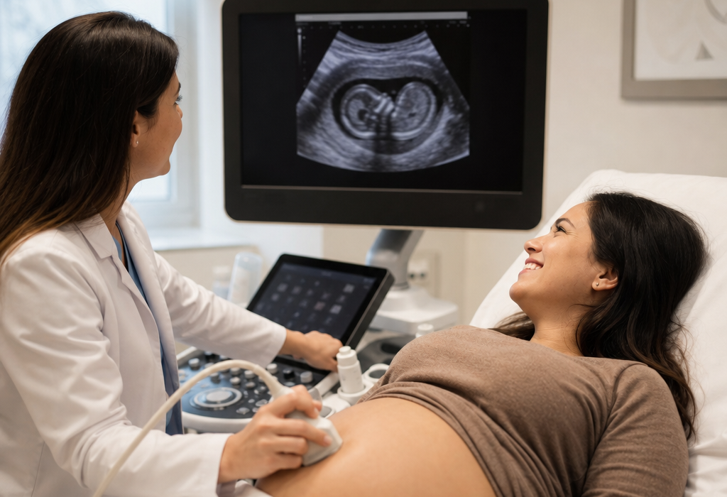 Doctor performing an ultrasound on a pregnant patient while a fetal scan is shown on the monitor