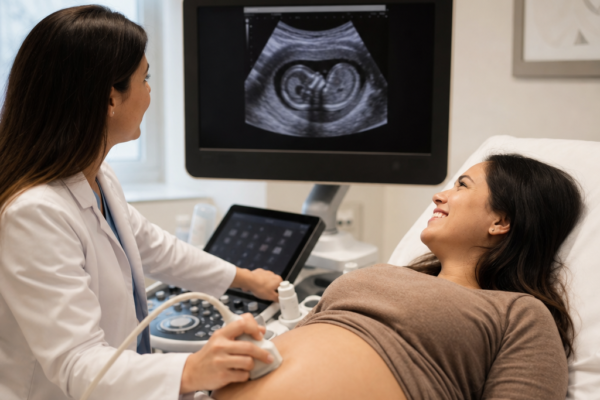 Doctor performing an ultrasound on a pregnant patient while a fetal scan is shown on the monitor