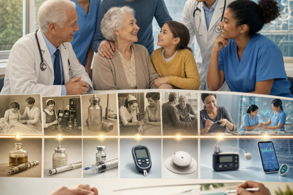 Doctors and family supporting an older woman, with a timeline of diabetes care and monitoring devices below