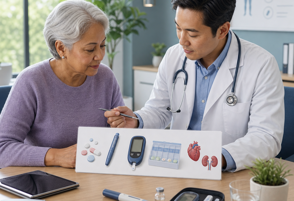 Editorial healthcare illustration of a diverse patient and clinician reviewing diabetes treatment options at a desk, with subtle visual elements representing pills, insulin injection pen, glucose meter, weekly medication box, and heart and kidney icons, showing personalized care and decision-making; clean modern clinic setting, soft natural light, trustworthy and informative tone, realistic semi-isometric style, high detail, no text, no logos, no branding