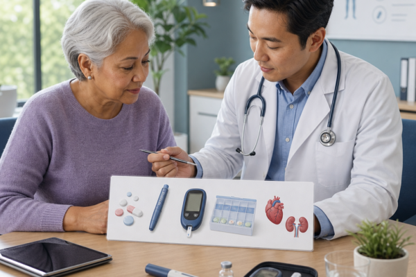 Editorial healthcare illustration of a diverse patient and clinician reviewing diabetes treatment options at a desk, with subtle visual elements representing pills, insulin injection pen, glucose meter, weekly medication box, and heart and kidney icons, showing personalized care and decision-making; clean modern clinic setting, soft natural light, trustworthy and informative tone, realistic semi-isometric style, high detail, no text, no logos, no branding